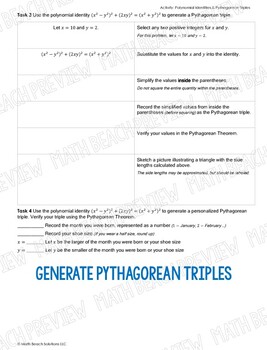 Polynomial Identities And Pythagorean Triples Activity By Math Beach Solutions