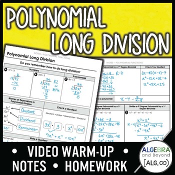 Preview of Polynomial Long Division Lesson | Warm-Up | Guided Notes | Homework