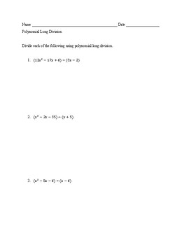 Preview of Polynomial Long Division No Remainders, No Missing Terms