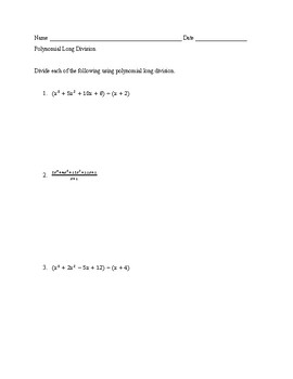 Preview of Polynomial Long Division w/Remainders, No Missing Terms with Key