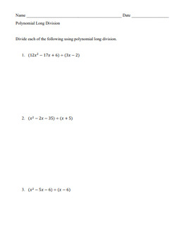 Preview of Polynomial Long Division Bundle with Answer Keys