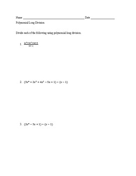 Preview of Polynomial Long Division with Remainders and Missing Terms