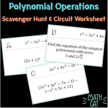 Preview of Polynomial Operations Scavenger Hunt & Circuit Worksheet