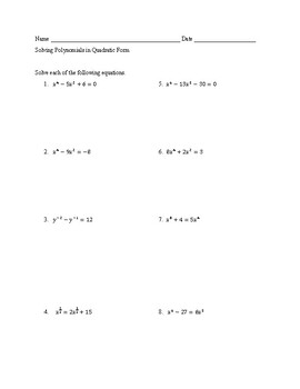 Preview of Polynomials: Factoring in Quadratic Form Quiz with Answer Key
