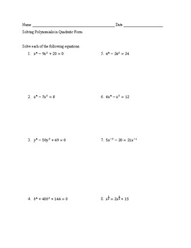 Preview of Polynomials: Factoring in Quadratic Form Version A