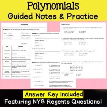Preview of Polynomials Introduction Notes and Practice - Algebra 1 Regents