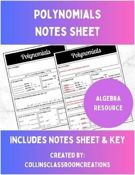 Preview of Polynomials Notes Sheet | Vocabulary & Examples