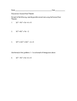 Preview of Polynomials: Rational Root Theorem, Complex and Radical Zeros with Answer Key