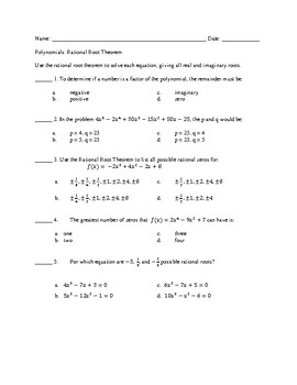 Preview of Polynomials Rational Root Theorem, Factoring, Solving Test with Answer Key