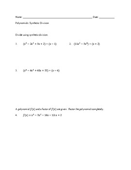 Preview of Polynomials: Synthetic Division with Answer Key