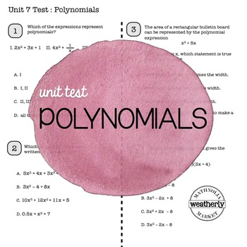 Preview of POLYNOMIALS Unit Test CC Algebra 1