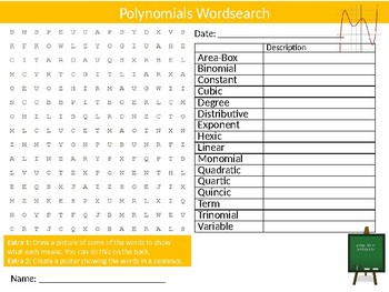 Preview of Polynomials Wordsearch Sheet Math Mathematics Numbers Starter Activity Keywords