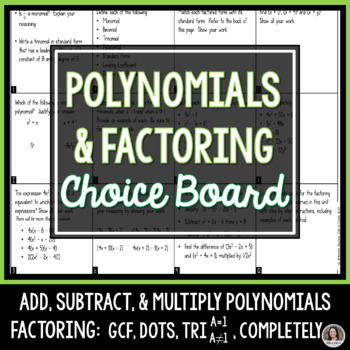 Preview of Polynomials and Factoring Choice Board Review Activity Project