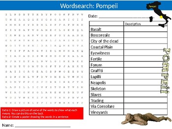 Preview of Pompeii Wordsearch Puzzle Sheet Keywords European History Volcanoes
