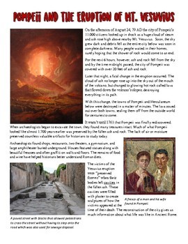 Preview of Pompeii and Mt Vesuvius Story and Common Core Worksheet