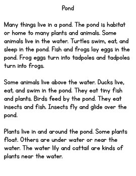 Pond Life Main Idea, Key Details, and a Reading Passage by J Hayne