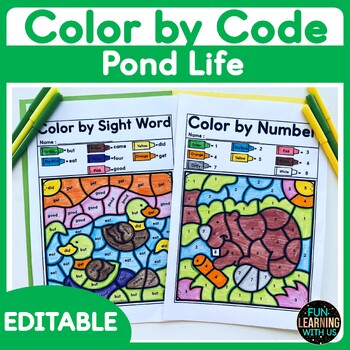 Preview of Pond Life Spring Color by Number | EDITABLE Color by Sight Word & Math Worksheet