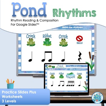 Preview of Pond Rhythms - Read & Write Quarter, Eighth Notes with Frog & Toad Google Slides