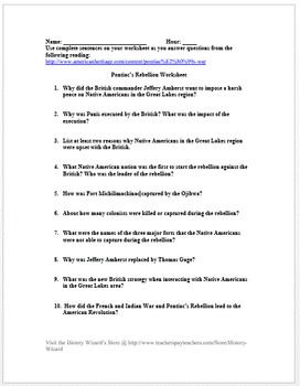 Pontiac's Rebellion Worksheet (French and Indian War) by History Wizard