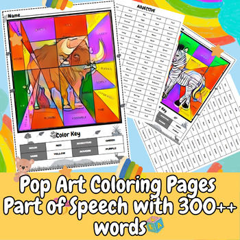 Preview of Pop Art Africa Animal Coloring Pages PARTS OF SPEECH with 300++ words