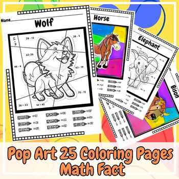 Preview of Pop Art Animal Coloring Pages Math Addition & Subtraction 1 - 3 Grade Vol.2