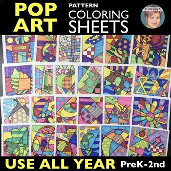 Preview of Big Set of Pattern-filled Pop Art Coloring Pages incl End of Year, Summer Sheets
