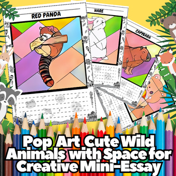 Preview of Pop Art Cute Wild Animals Coloring 50 Pages + Space for Writing Mini-Essay Vol.6