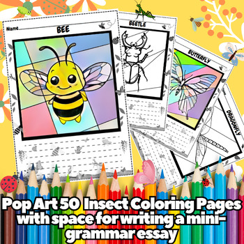 Preview of Pop Art Insect Coloring 50 Pages + Space for Writing Creative Mini-Essay Vol.7
