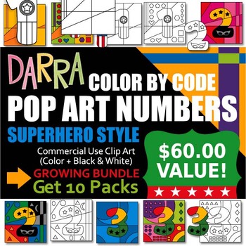 Preview of Pop Art Numbers Clip Art Superhero Color By Code Coloring (clipart bundle)
