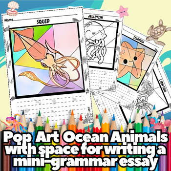 Preview of Pop Art Ocean Animals Coloring 50 Pages + Space for Writing Creative Essay Vol.9