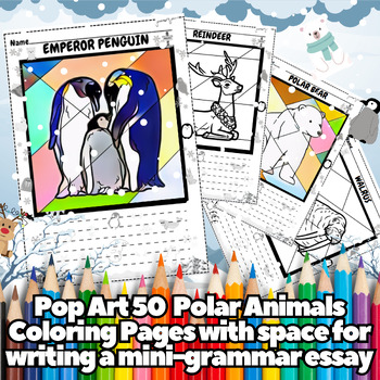 Preview of Pop Art Polar Animals Coloring 50 Pages + Space for Writing Essay Activity Vol.5
