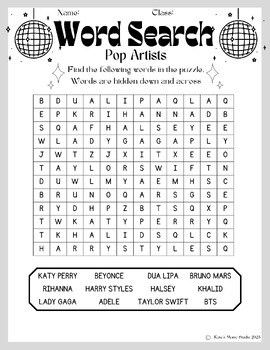 Preview of Pop Artists Word Search