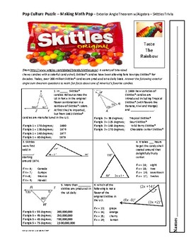 Exterior Angle Sum Theorem With Algebra Pop Culture Puzzle Skittles Trivia