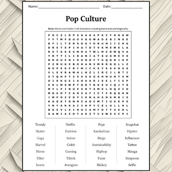 Pop Culture Word Search Puzzle Worksheet Activity by Word Search Corner