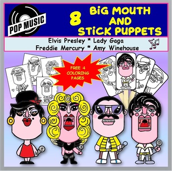 Preview of Pop Music Big Mouth and Stick Puppets: Elvis, Lady Gaga, Freddie Mercury, Amy W.