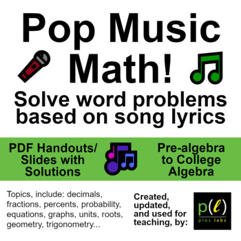 Preview of Pop Music Math - Word problems from song lyrics - Handouts/Slides and Solutions