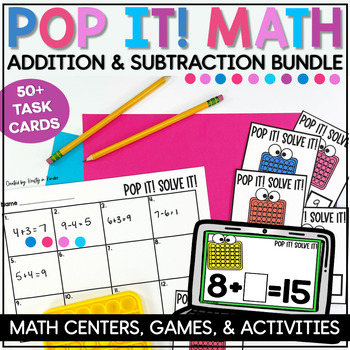 Preview of Addition & Subtraction Task Cards BUNDLE - K, 1st & 2nd Grade Pop it Math Review