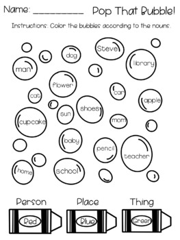 Preview of Pop that Bubble! Noun Coloring Worksheet