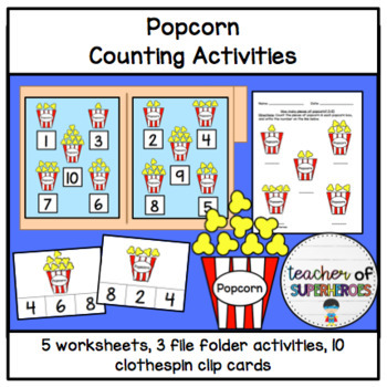 Math Centers Popcorn Counting 1-20 File Folder Game Teacher Resource Supplies 