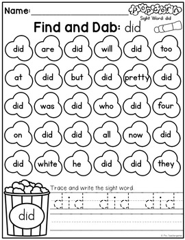 Popcorn Primer Sight Word Find and Dab by Mrs Teachergarten | TpT