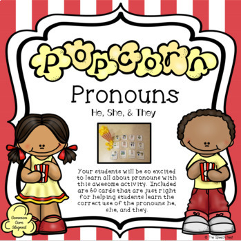 Preview of Popcorn Pronouns Card Game - 60 Subject Pronoun Cards for He, She, and They