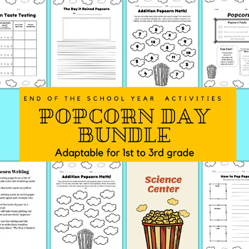 Preview of Popcorn Theme Day Bundle, Adaptable for 1st to 3rd grade, Math, Science, Writing