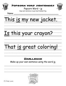 Popcorn Word Sentence Handwriting Practice by Andy Lyons | TpT