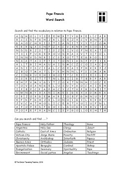 Pope Francis - Word Search (PDF) by The British Travelling Teacher