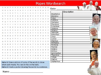 Popes Wordsearch Sheet Starter Activity Keywords Catholic Religion