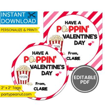 Valentine Stickers for Kids, Popcorn Valentine Treat Stickers, Poppin by to  Wish You a Happy Valentines Day 