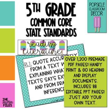 Preview of Popsicle Classroom Decor - 5th Grade CCSS Posters EDITABLE