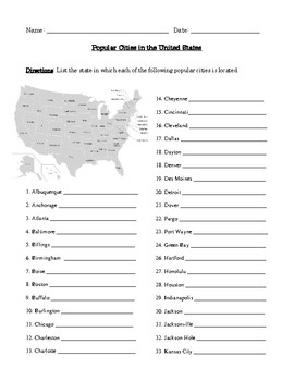 Preview of American Cities and Their States: Worksheet or Test and Detailed Answer Key