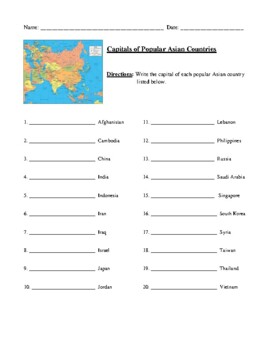 Popular Asian Capitals and Countries Worksheet (or Test) with Answer Key