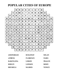 Popular Cities of Europe themed Word Search Puzzle Worksheet | TpT